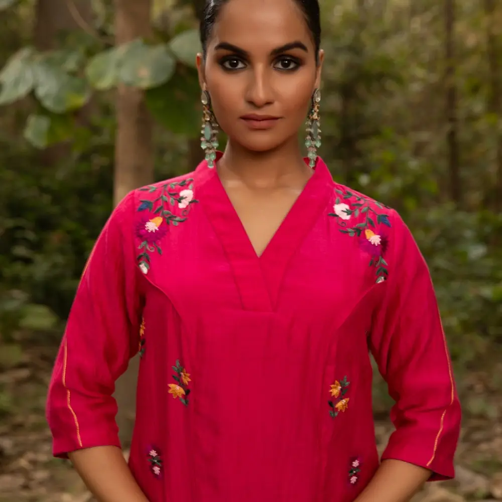 shop Hand Embroidered Chanderi Tunic Set Paired with Silk Pant