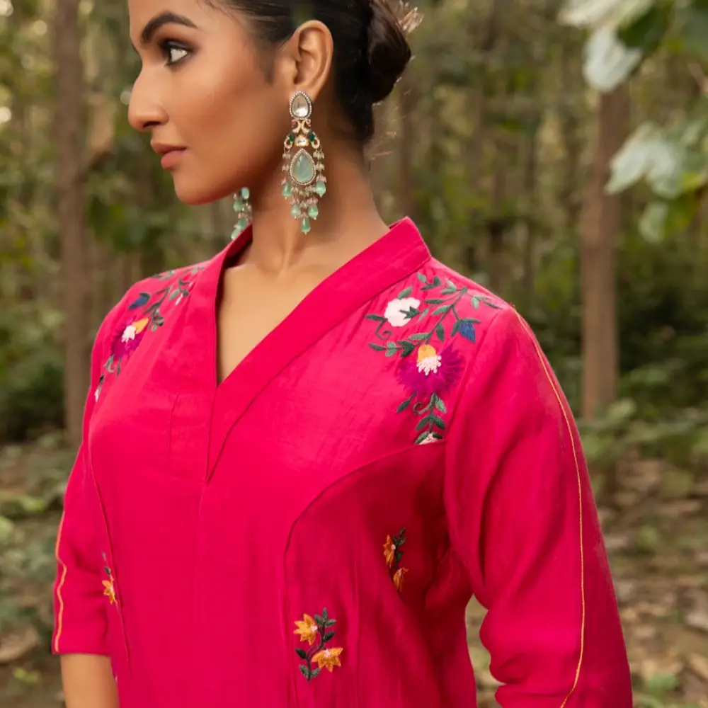 shop Hand Embroidered Chanderi Tunic Set Paired with Silk Pant