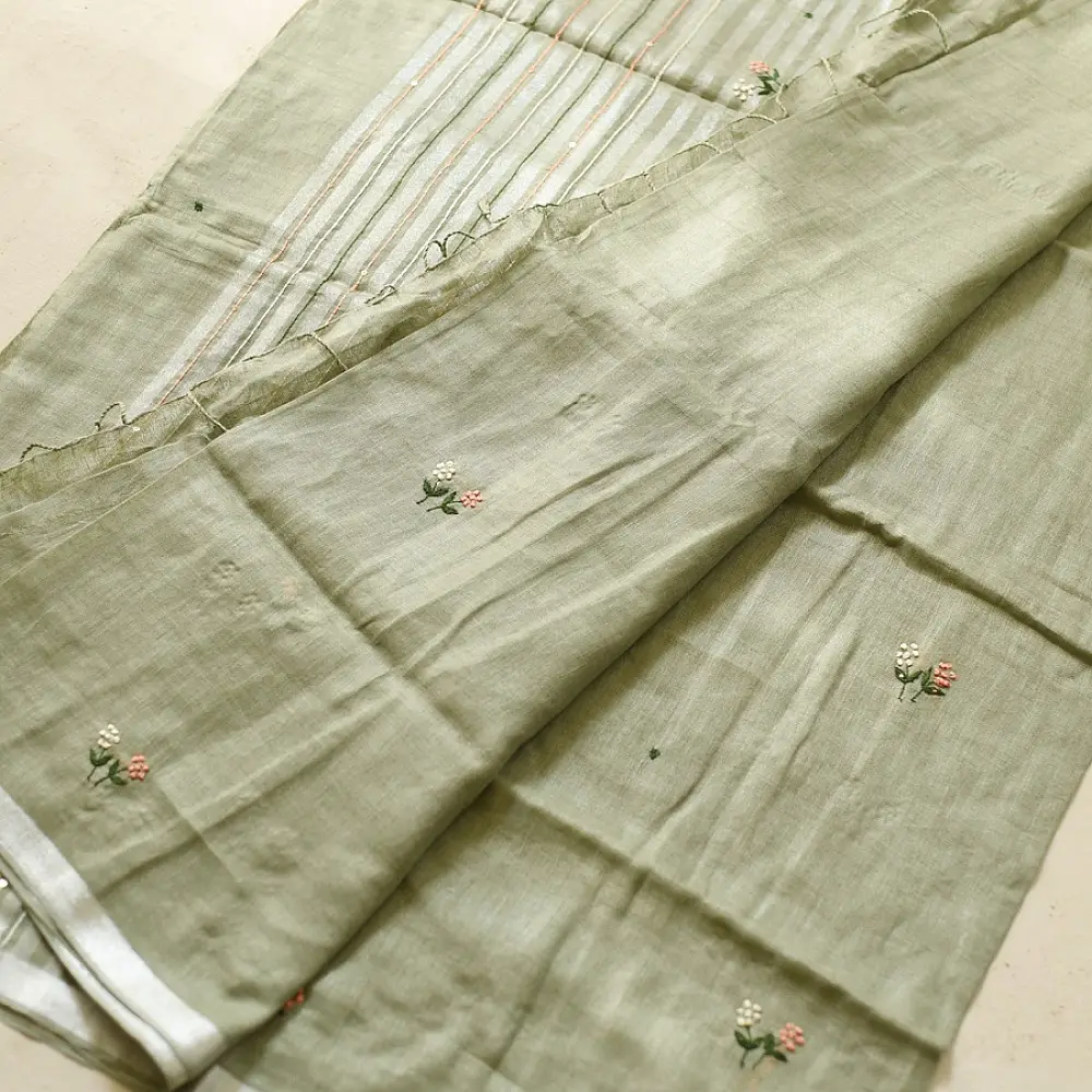 shop Handloom Linen Embroidered Saree - Light Green
