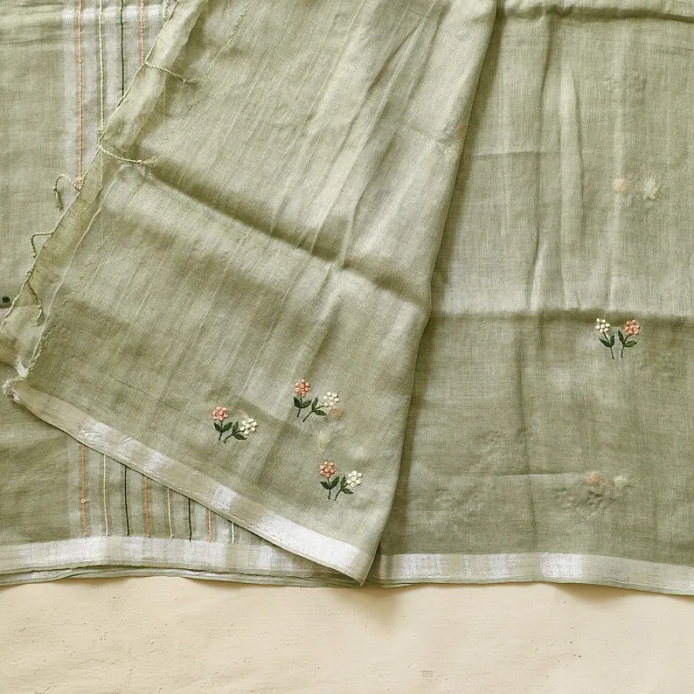 shop Handloom Linen Embroidered Saree - Light Green