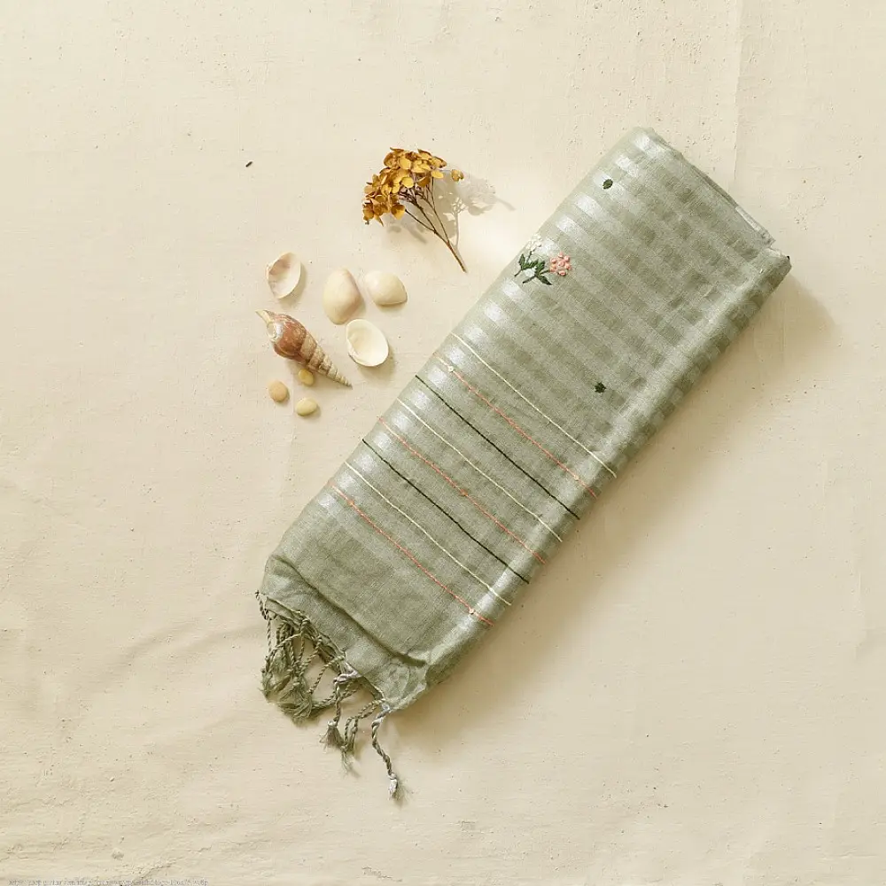 shop Handloom Linen Embroidered Saree - Light Green