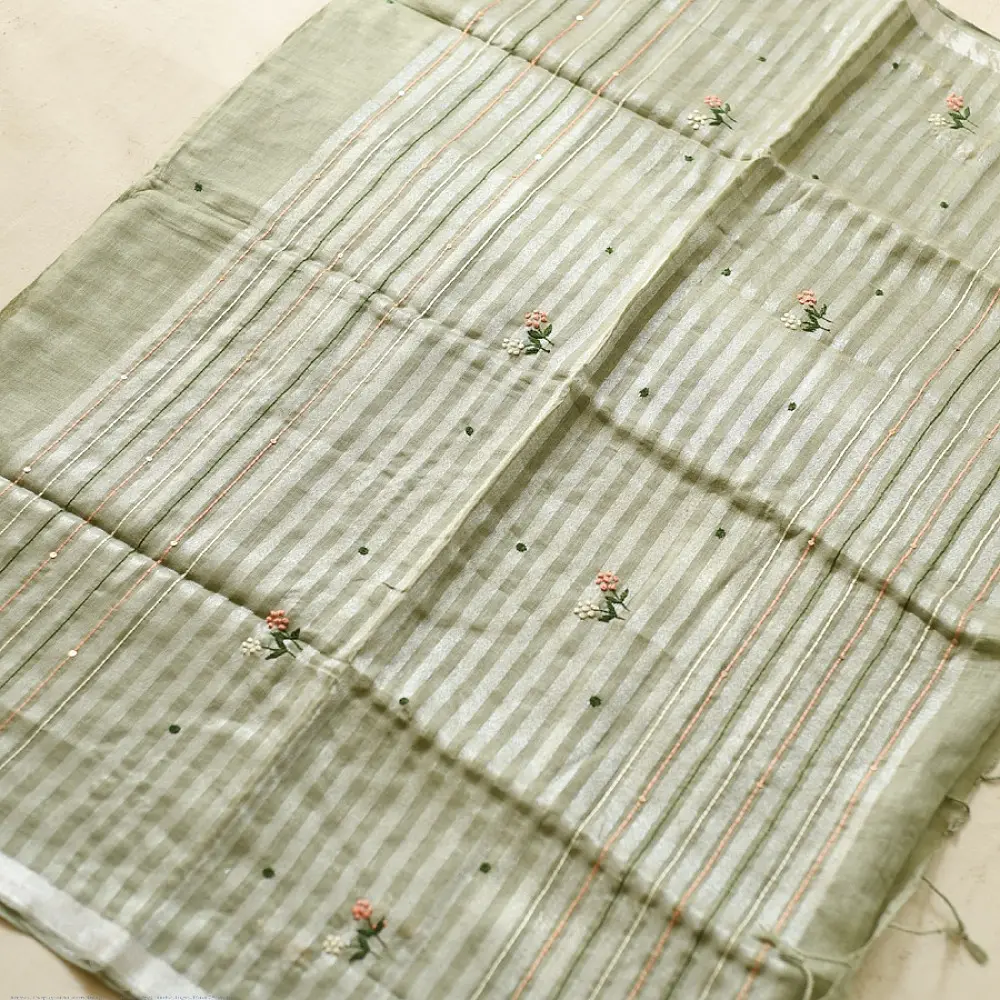 shop Handloom Linen Embroidered Saree - Light Green