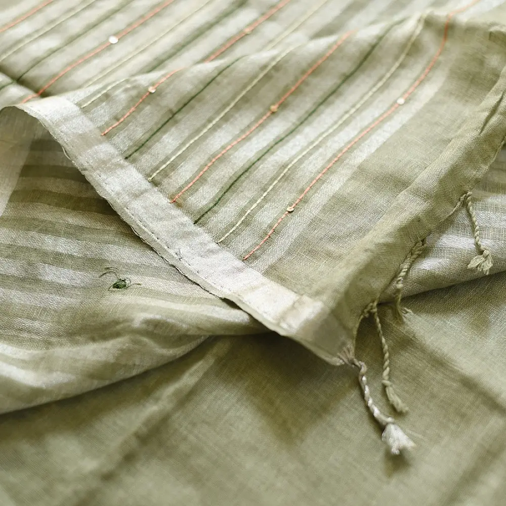 shop Handloom Linen Embroidered Saree - Light Green