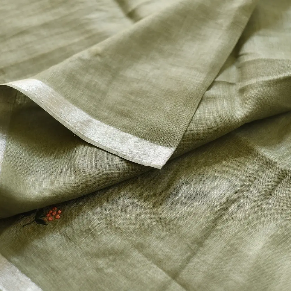 shop Handloom Linen Embroidered Saree - Light Green