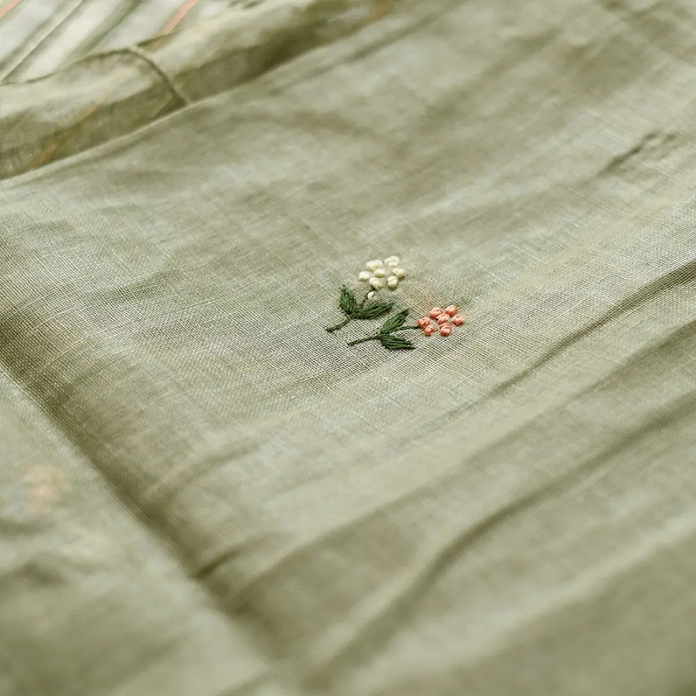 shop Handloom Linen Embroidered Saree - Light Green
