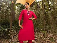 Advaya . अद्वया | Hand Embroidered Chanderi Kurta Set With Contrast Organza Dupatta