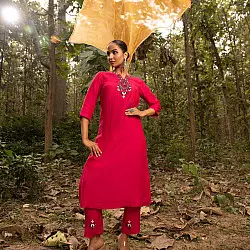 Advaya . अद्वया | Hand Embroidered Chanderi Kurta Set With Contrast Organza Dupatta