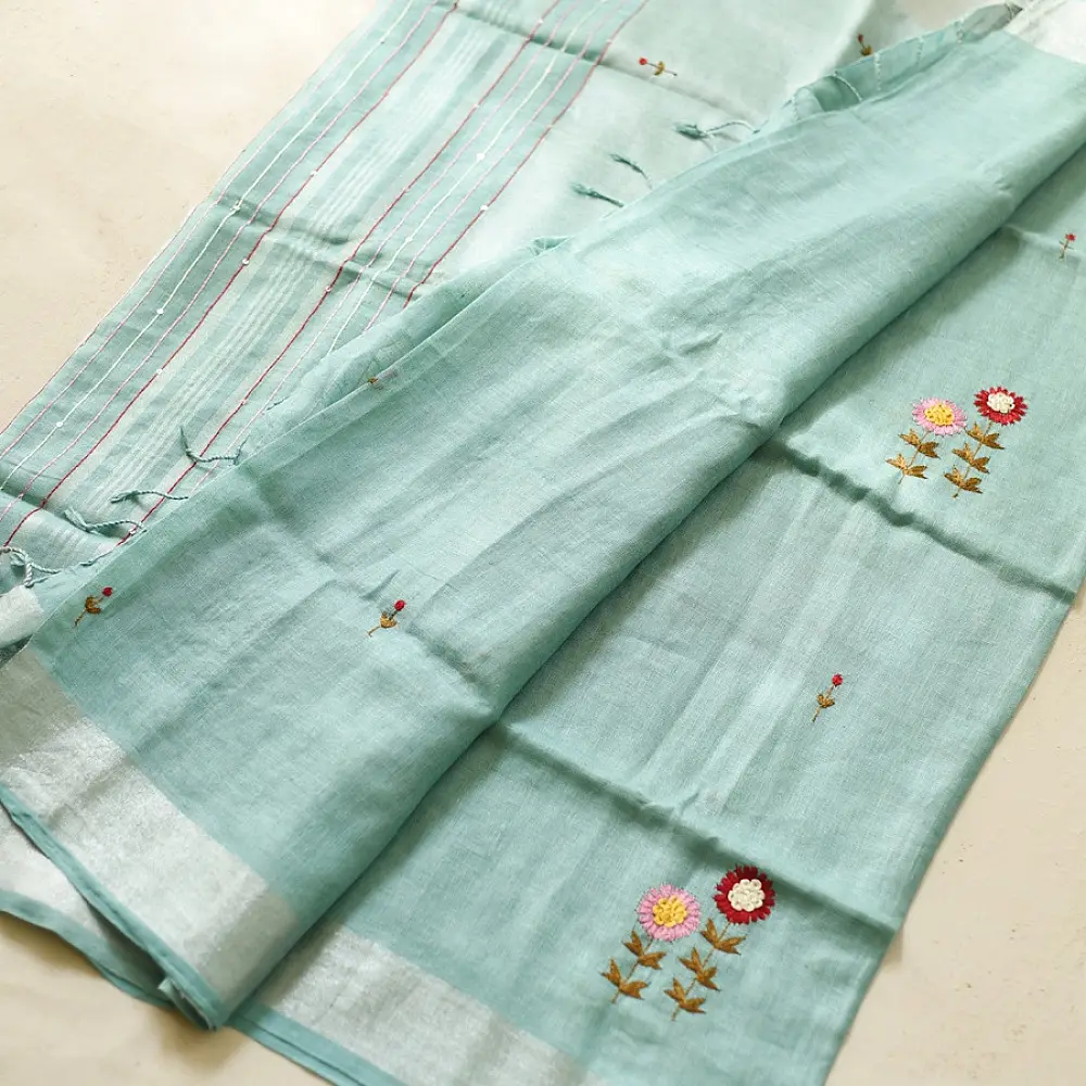 shop Handloom Linen - Embroidered Saree