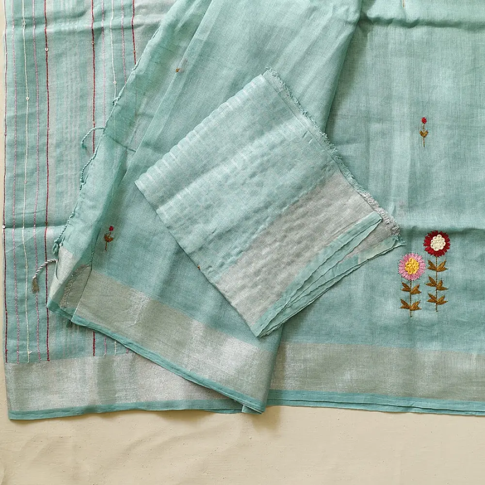 shop Handloom Linen - Embroidered Saree