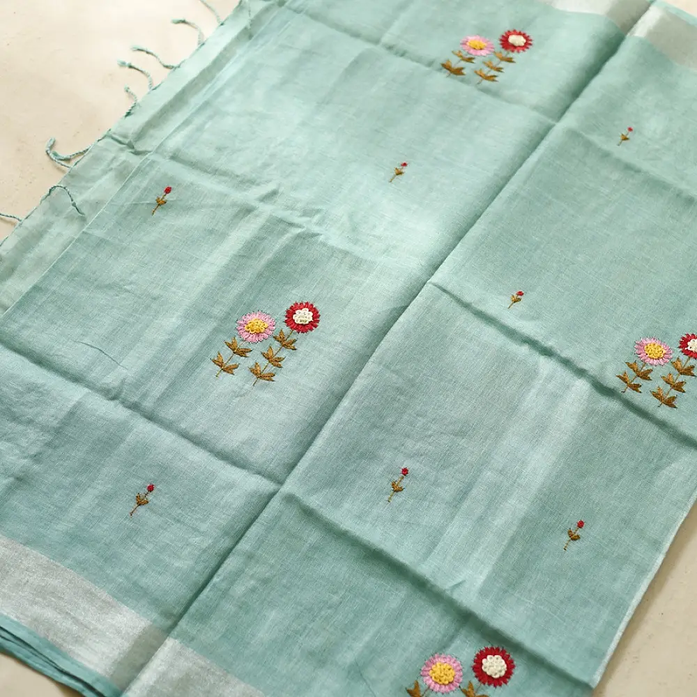 shop Handloom Linen - Embroidered Saree