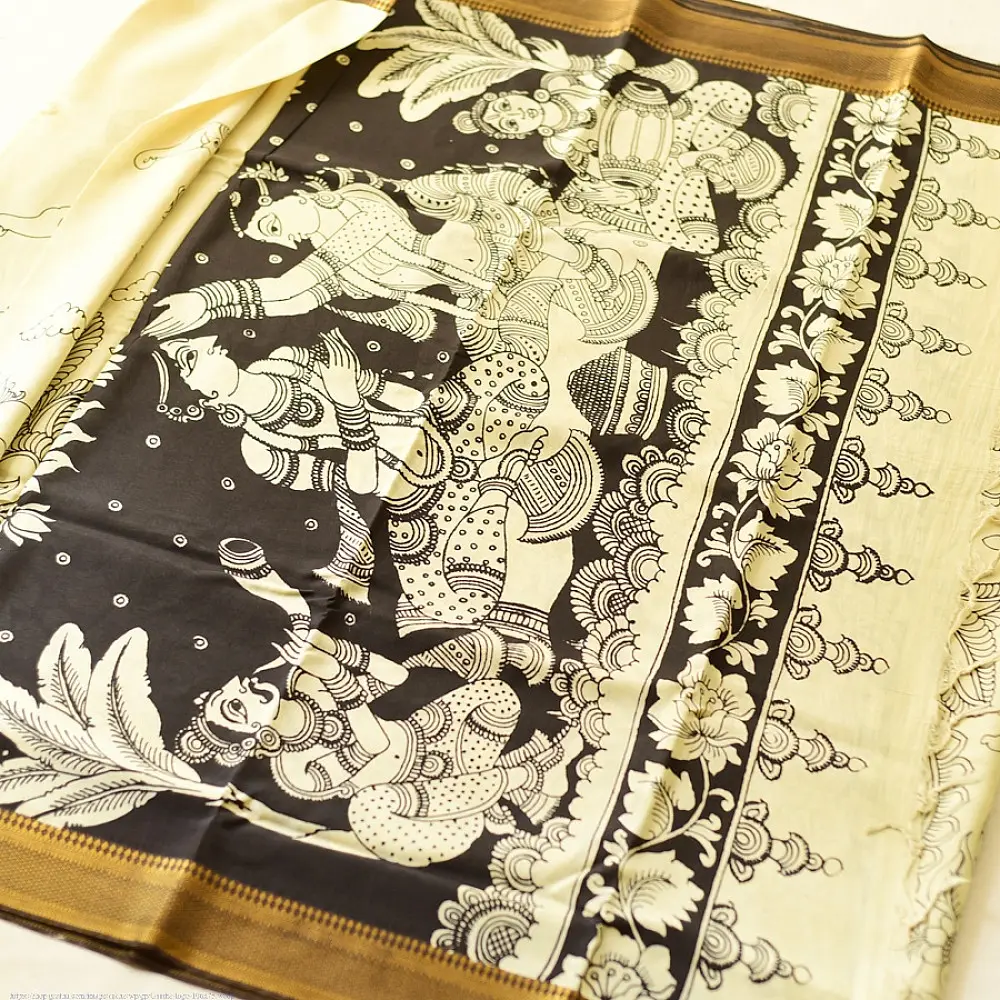 shop Handmade ~ Kalamkari Silk Saree - Peacock Motif