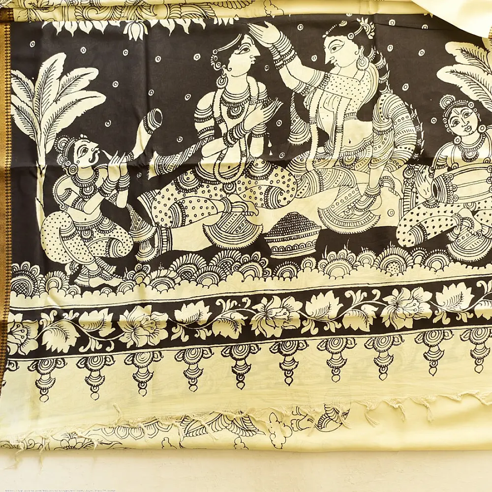 shop Handmade ~ Kalamkari Silk Saree - Peacock Motif