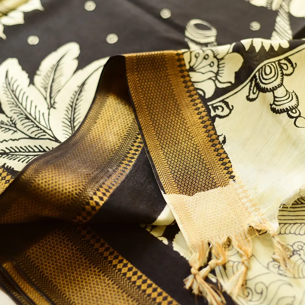 shop Handmade ~ Kalamkari Silk Saree - Peacock Motif