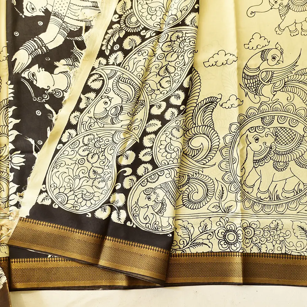 shop Handmade ~ Kalamkari Silk Saree - Peacock Motif