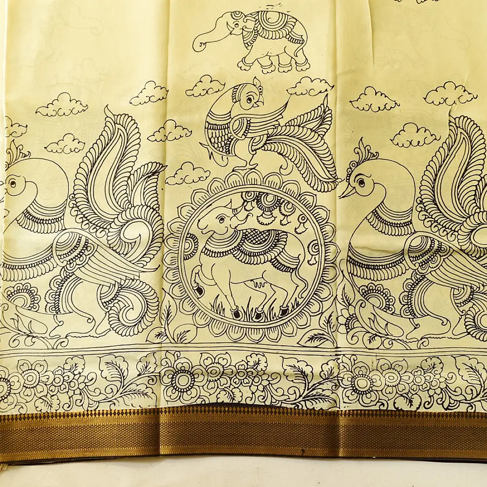 shop Handmade ~ Kalamkari Silk Saree - Peacock Motif