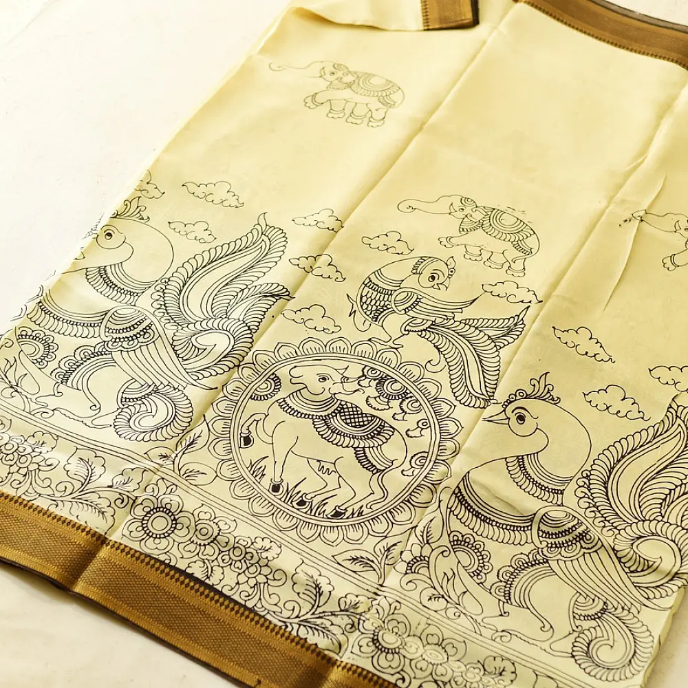 shop Handmade ~ Kalamkari Silk Saree - Peacock Motif