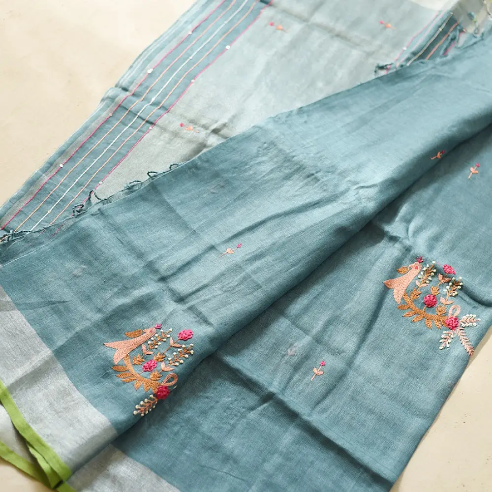 handloom pure linen sea green saree with striped palla subtle grid pattern delicate hand embroidery and tasselled pallu