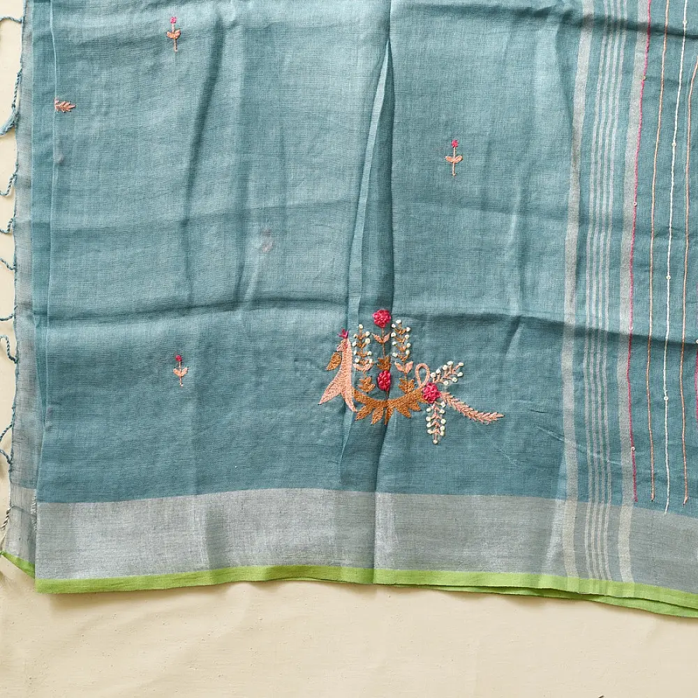 handloom pure linen sea green saree with striped palla subtle grid pattern delicate hand embroidery and tasselled pallu
