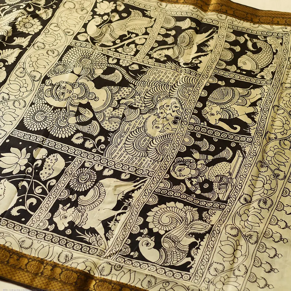 shop Handmade ~ Kalamkari Silk Saree - peacock
