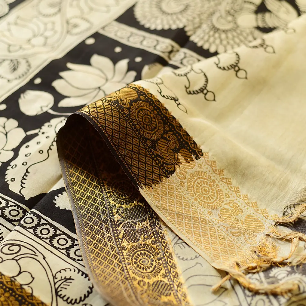 shop Handmade ~ Kalamkari Silk Saree - peacock