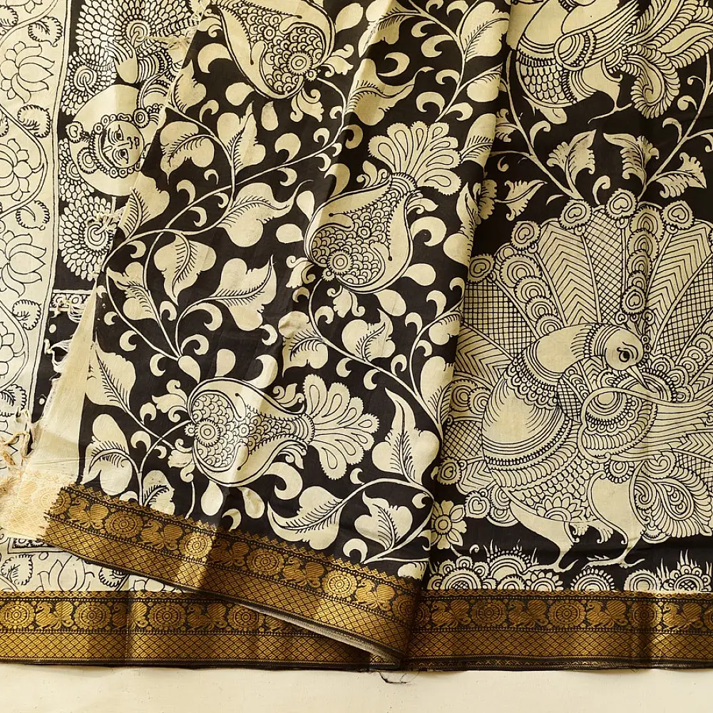 shop Handmade ~ Kalamkari Silk Saree - peacock