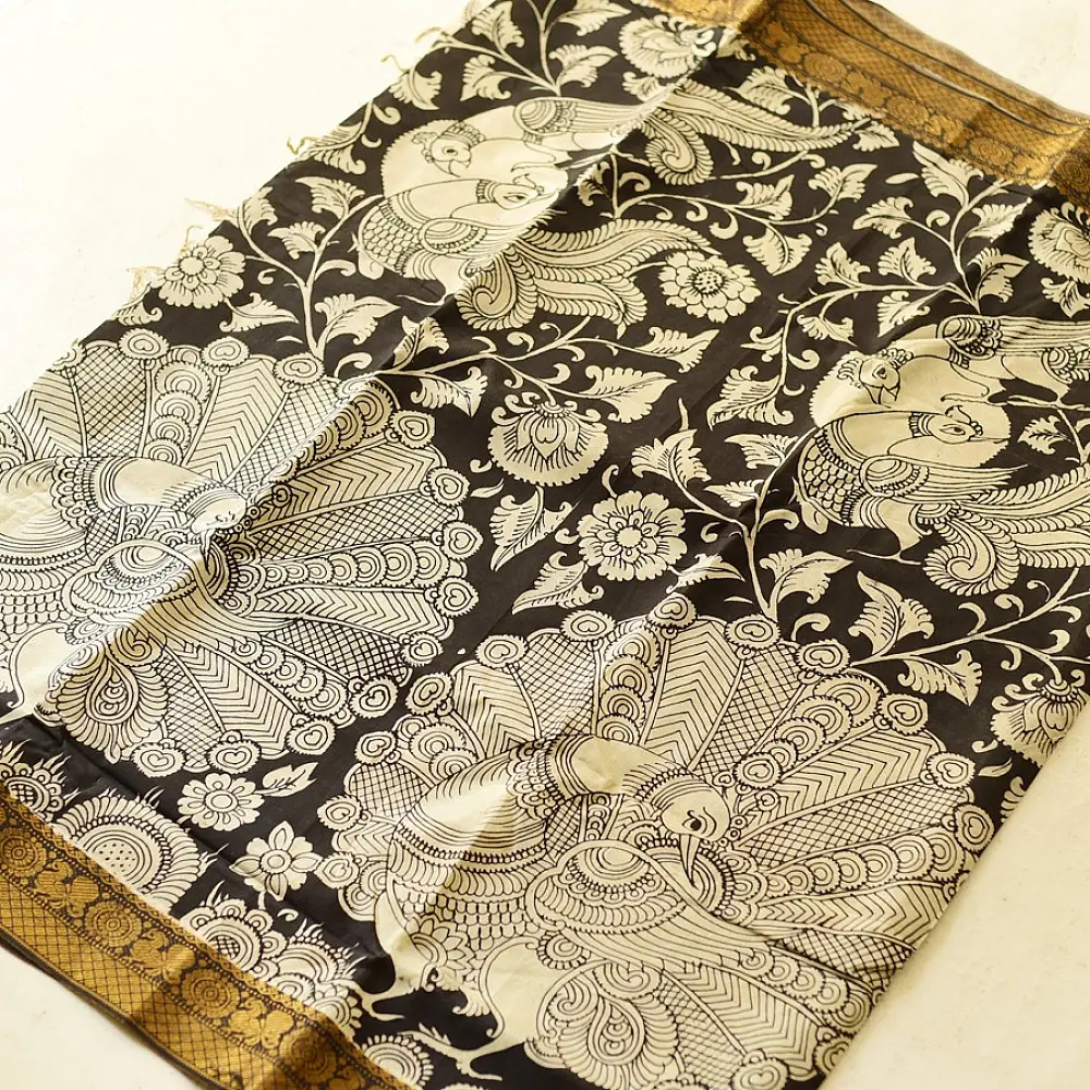 shop Handmade ~ Kalamkari Silk Saree - peacock