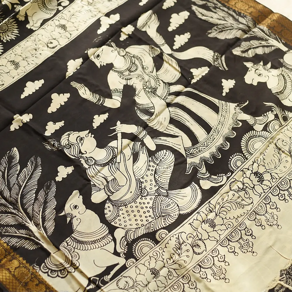 shop Handmade ~ Kalamkari Silk Saree -Radha Krishna Pallu Motif