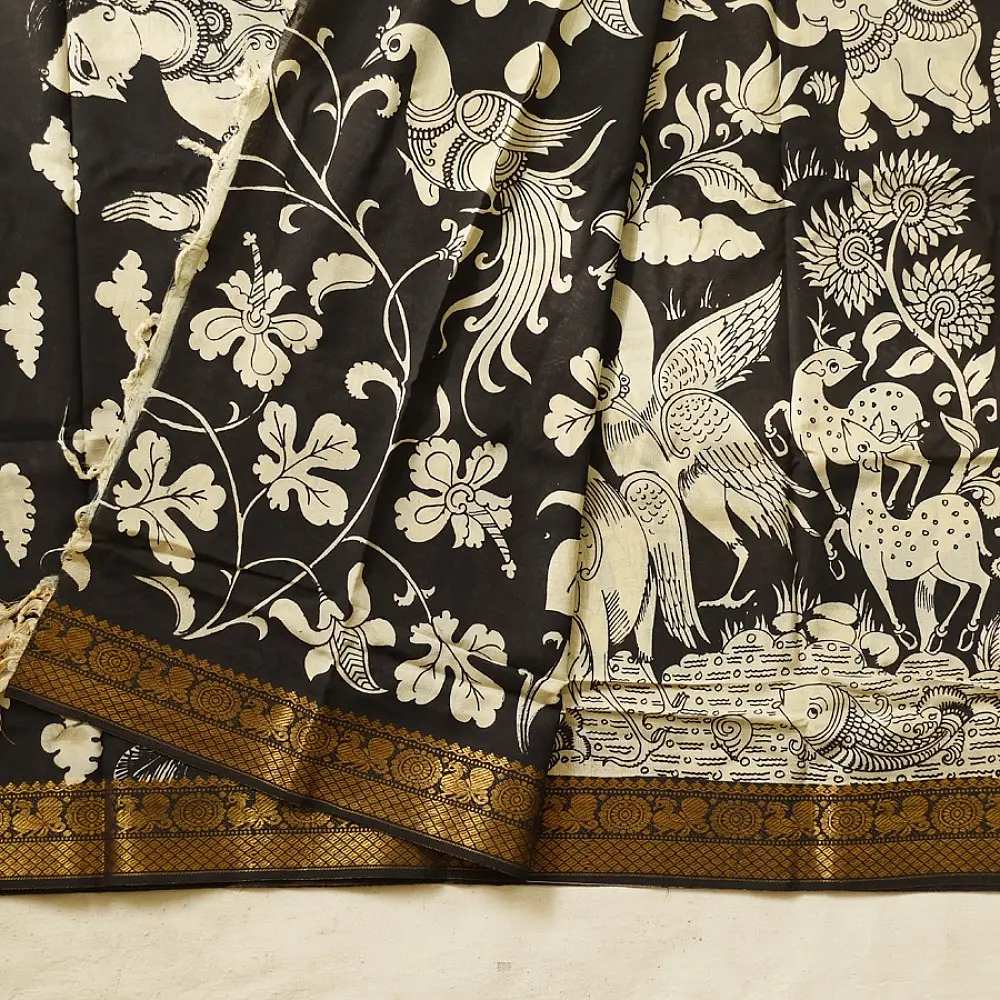 shop Handmade ~ Kalamkari Silk Saree -Radha Krishna Pallu Motif