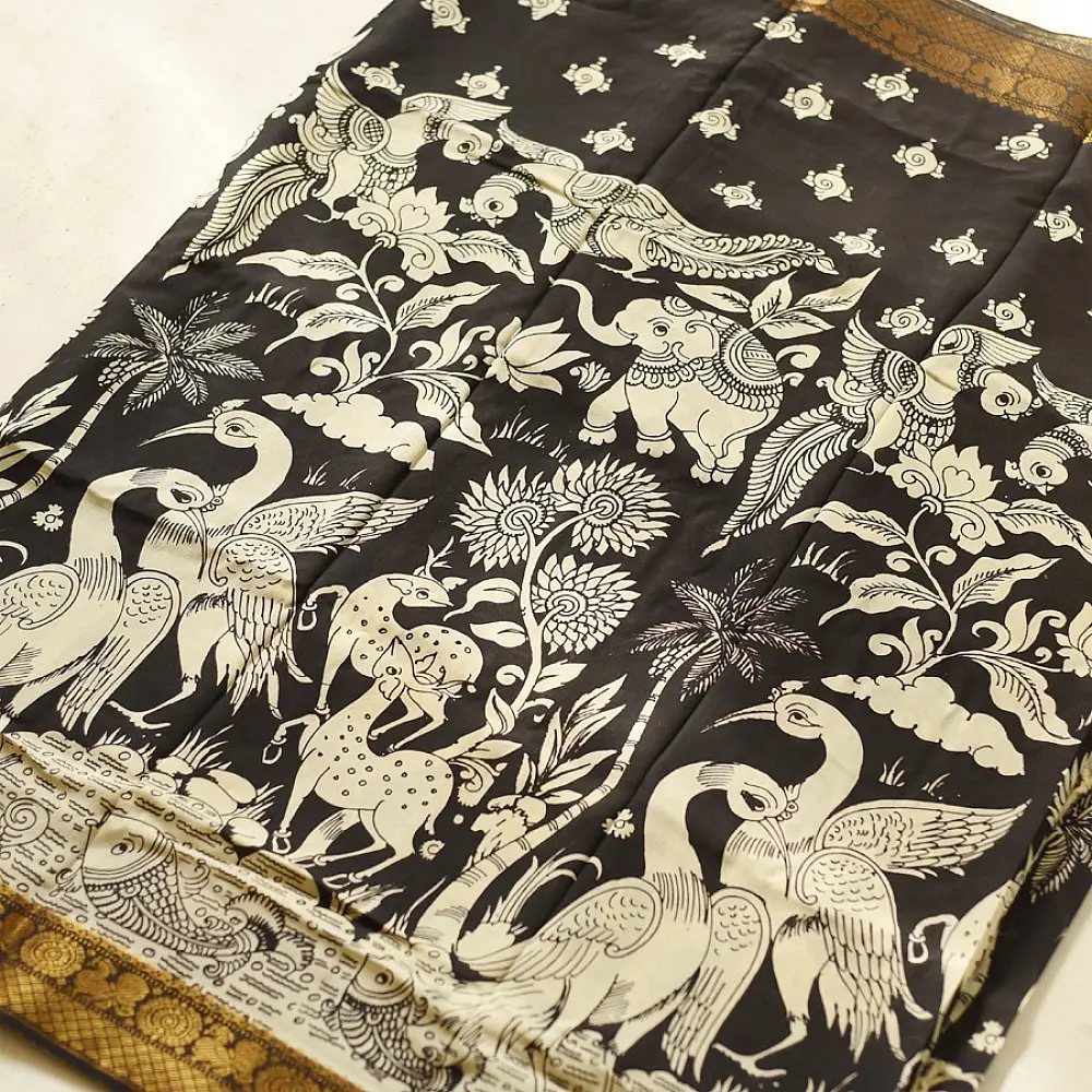 shop Handmade ~ Kalamkari Silk Saree -Radha Krishna Pallu Motif