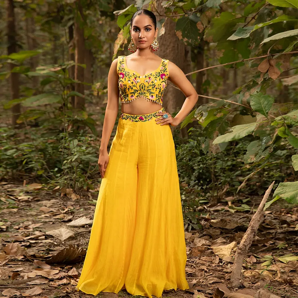 shop Hand Embroidered Chanderi -  Organza Jacket Set Paired with Silk Blouse Includes Wide Leg Pant (Set of 3)