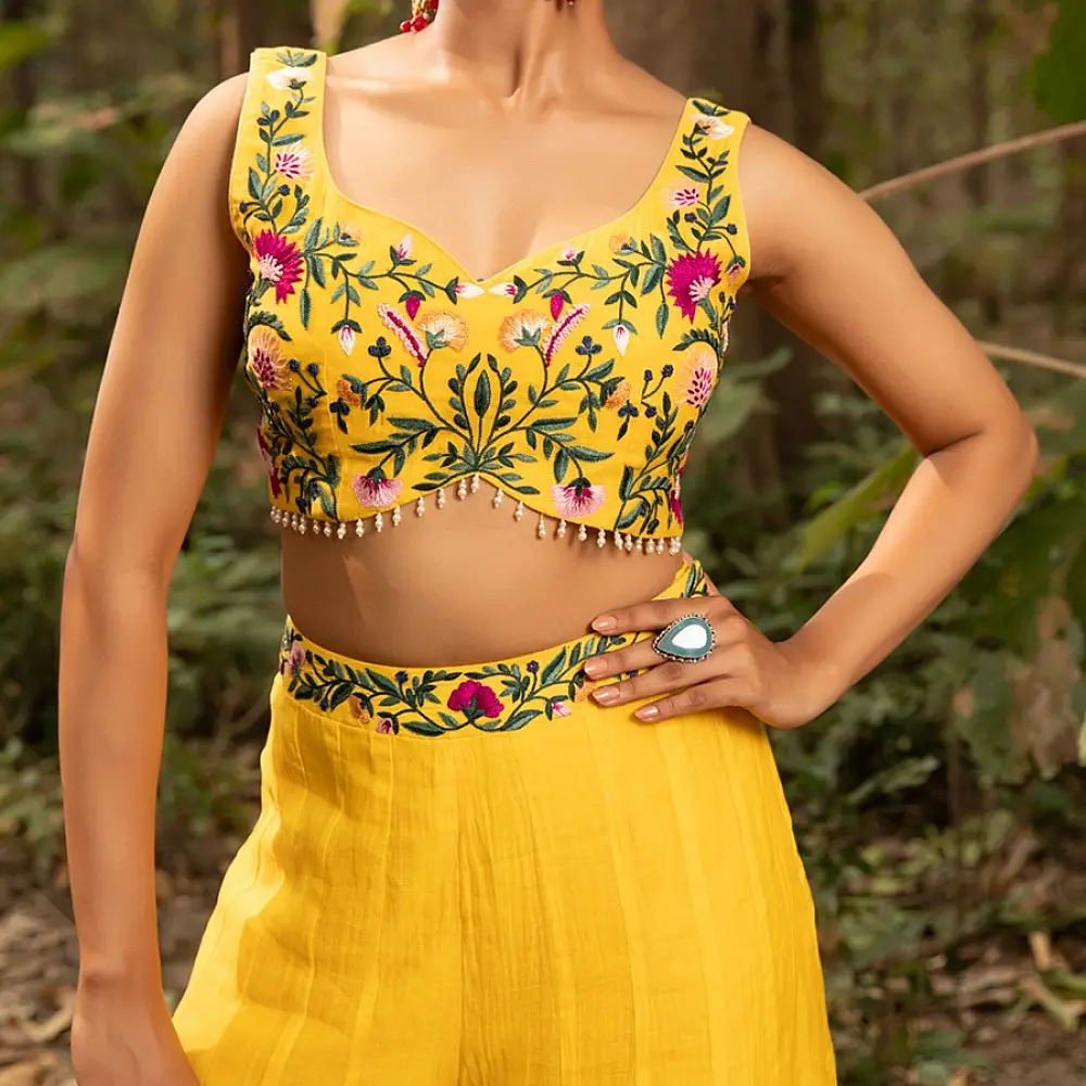 shop Hand Embroidered Chanderi -  Organza Jacket Set Paired with Silk Blouse Includes Wide Leg Pant (Set of 3)