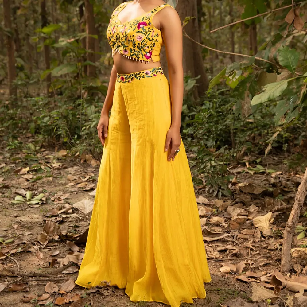shop Hand Embroidered Chanderi -  Organza Jacket Set Paired with Silk Blouse Includes Wide Leg Pant (Set of 3)