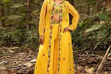 Advaya . अद्वया | Hand Embroidered Chanderi -  Organza Jacket Set Paired with Silk Blouse Includes Wide Leg Pant (Set of 3)