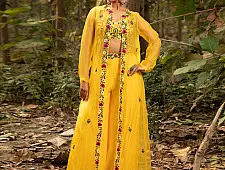 Advaya . अद्वया | Hand Embroidered Chanderi -  Organza Jacket Set Paired with Silk Blouse Includes Wide Leg Pant (Set of 3)