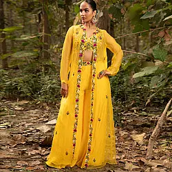 Advaya . अद्वया | Hand Embroidered Chanderi -  Organza Jacket Set Paired with Silk Blouse Includes Wide Leg Pant (Set of 3)