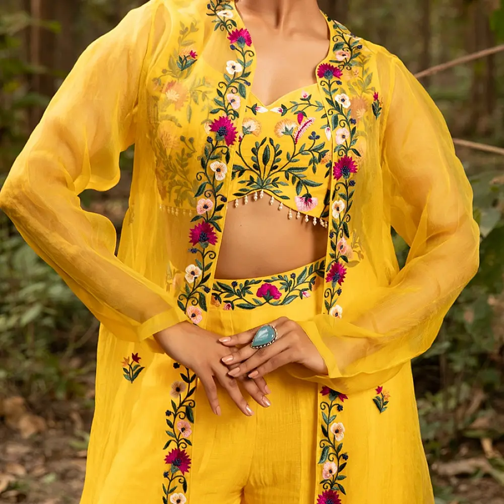 shop Hand Embroidered Chanderi -  Organza Jacket Set Paired with Silk Blouse Includes Wide Leg Pant (Set of 3)