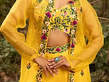 Advaya . अद्वया | Hand Embroidered Chanderi -  Organza Jacket Set Paired with Silk Blouse Includes Wide Leg Pant (Set of 3)
