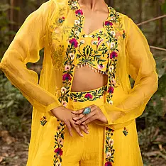 Advaya . अद्वया | Hand Embroidered Chanderi -  Organza Jacket Set Paired with Silk Blouse Includes Wide Leg Pant (Set of 3)
