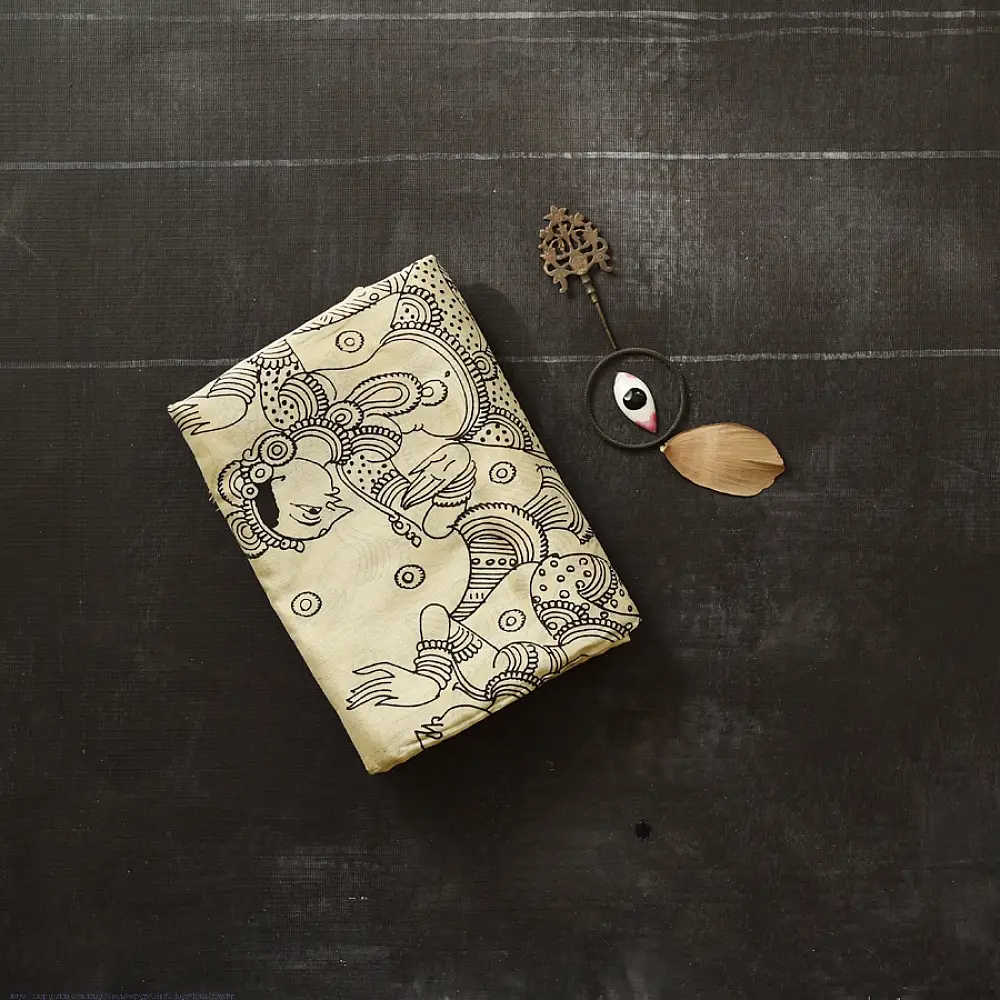 shop Handmade ~ Kalamkari Silk Saree - Peacock & Peahen Pallu Motif