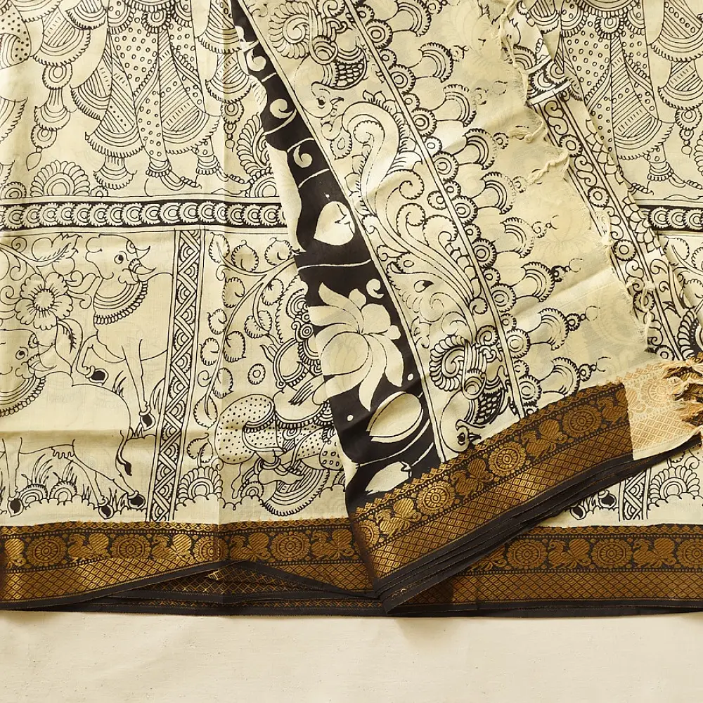 shop Handmade ~ Kalamkari Silk Saree - Peacock & Peahen Pallu Motif