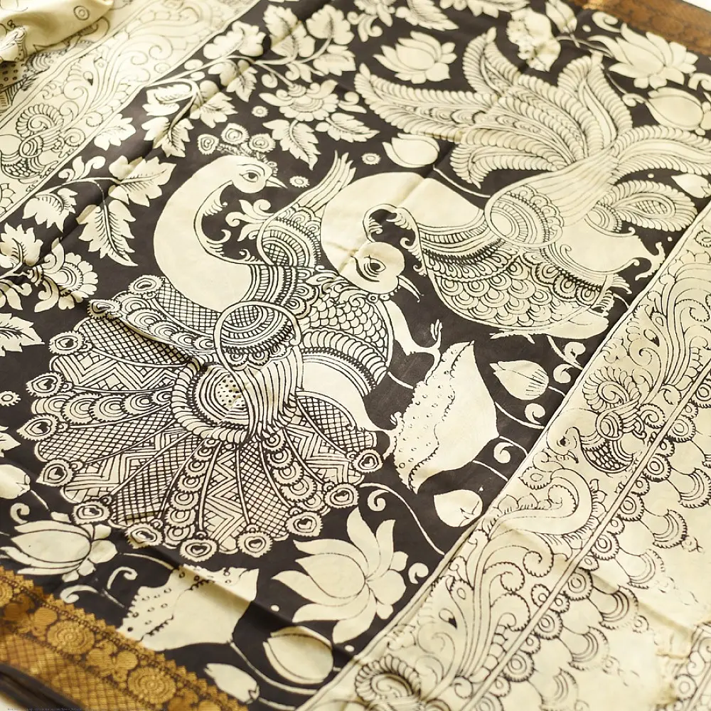 shop Handmade ~ Kalamkari Silk Saree - Peacock & Peahen Pallu Motif