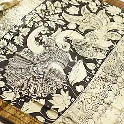 Kopal | Handmade ~ Kalamkari Silk Saree - Peacock & Peahen Pallu Motif