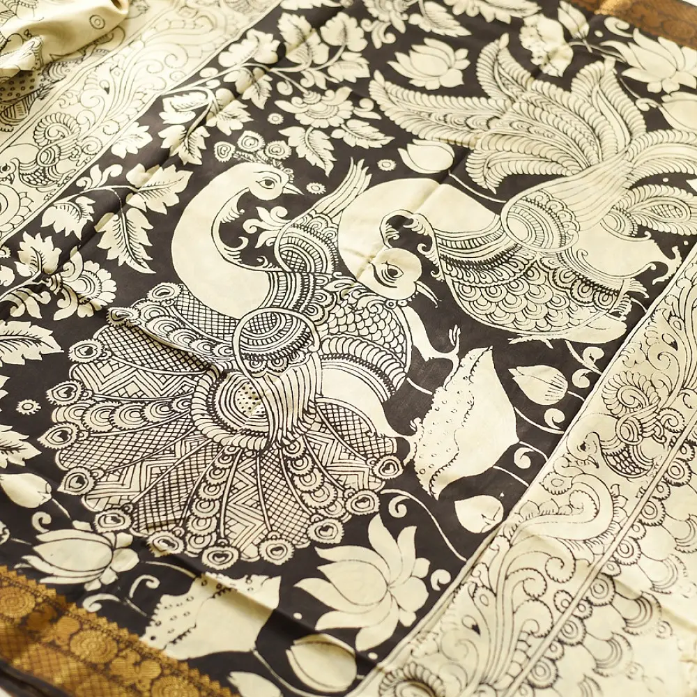 shop Handmade ~ Kalamkari Silk Saree - Peacock & Peahen Pallu Motif