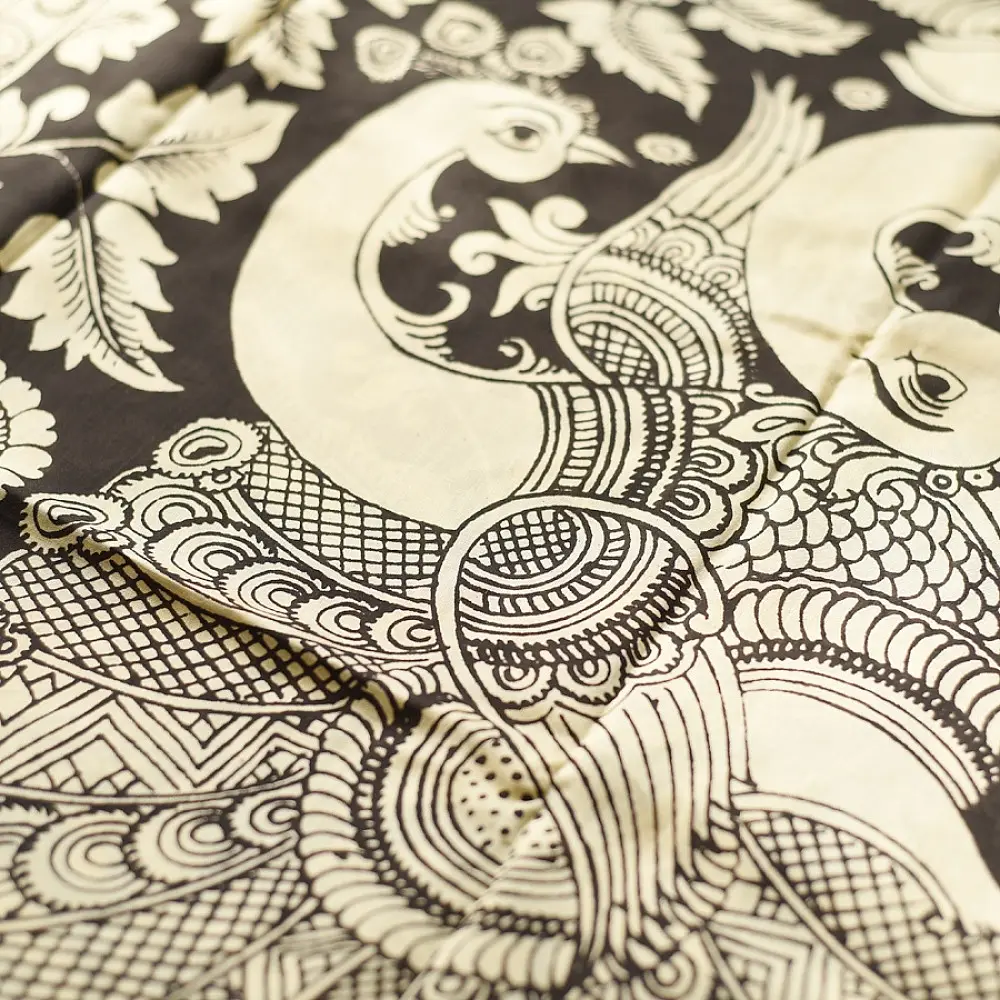 shop Handmade ~ Kalamkari Silk Saree - Peacock & Peahen Pallu Motif