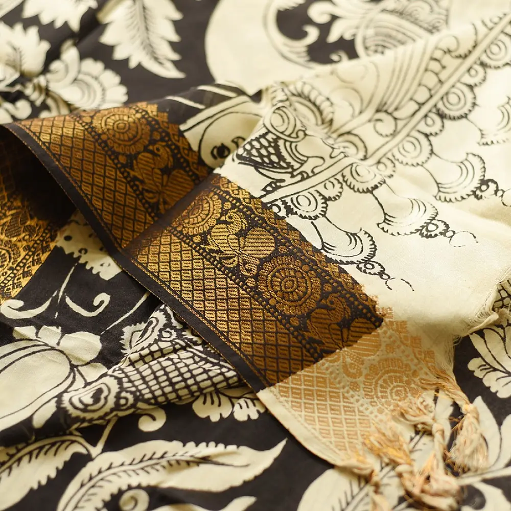 shop Handmade ~ Kalamkari Silk Saree - Peacock & Peahen Pallu Motif