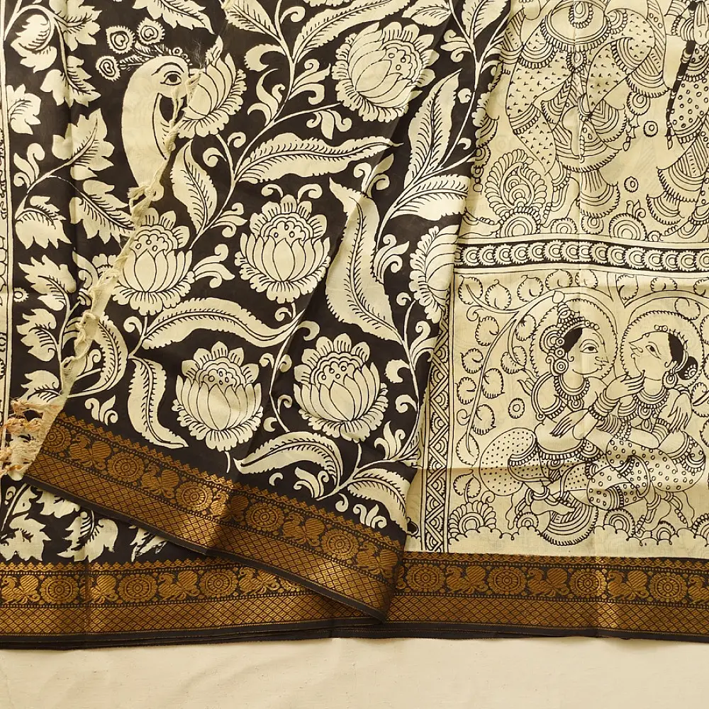 shop Handmade ~ Kalamkari Silk Saree - Peacock & Peahen Pallu Motif