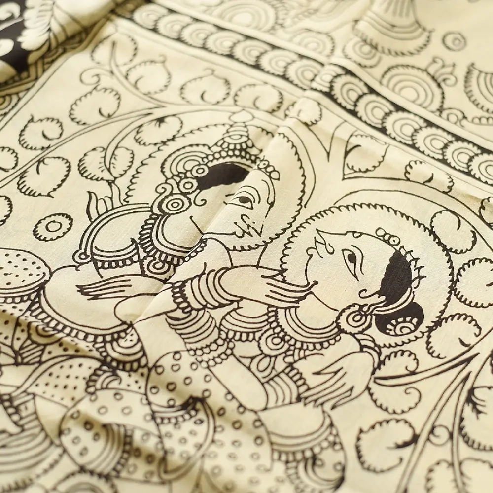 shop Handmade ~ Kalamkari Silk Saree - Peacock & Peahen Pallu Motif