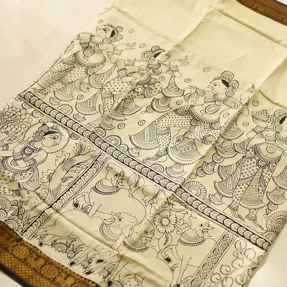 shop Handmade ~ Kalamkari Silk Saree - Peacock & Peahen Pallu Motif