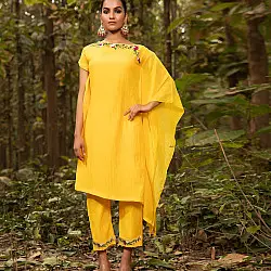 Advaya . अद्वया | Hand Embroidered Chanderi Silk Kaftan Set (Set of 2)