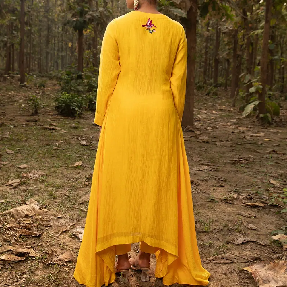 shop Embroidered Chanderi - Yellow Asymmetrical Tunic Set (Set of 2)